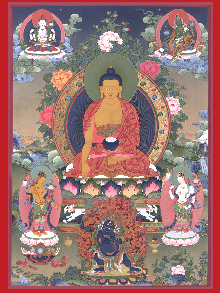 Buddha Shakyamuni with Green Tara, Four-Armed Chenrezig, and Chakna Dorje